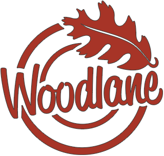 Red Woodlane logo comprised of a large script font in the center of two circle outlines with a large leaf in the top-right.
